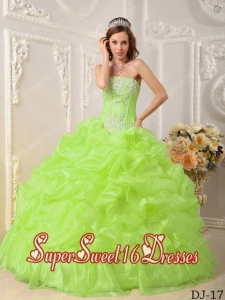 Appliques Organza Yellow Green Strapless Beading 2014 Quinceanera Dress