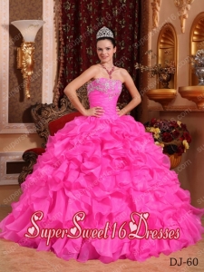 Ball Gown Strapless Organza Beading and Appliques 2014 Quinceanera Dress in Hot Pink