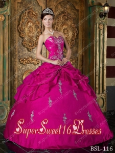 Ball Gown Sweetheart Taffeta Appliques Cheap Sweet Sixteen Dresses in Hot Pink
