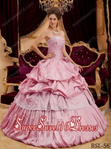 Beautiful Ruffels Layers Strapless Taffeta Appliques Pink 2014 Quinceanera Dress