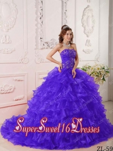 Court Train Ball Gown Strapless Organza 2014 Quinceanera Dress with Ruffles
