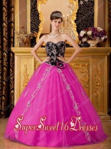 Hot Pink And Black A-line / Princess Sweetheart Tulle Beading 2014 Quinceanera Dress with Hand made Flower and Appliques