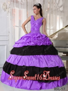 Lilac and Black V-neck Taffeta Custom Made Sweet 16 Dresses with Beading
