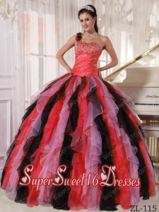 Multi-colored Ball Gown One Shoulder Organza Beading and Ruffles Custom Made Sweet 16 Dresses