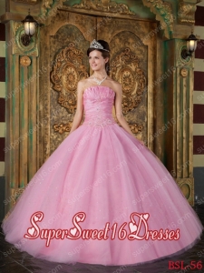 Rose Pink A-line Strapless Tulle2014 Quinceanera Dress with Appliques