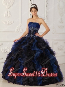 Blue and Black Strapless Custom Made Ball Gown Taffeta and Organza Beading Quinceanera Dress