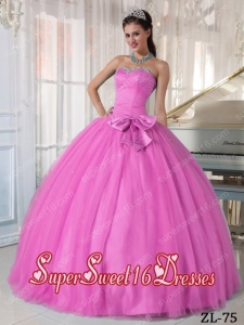 Ball Gown Sweetheart Tulle Beading and Bowknot 15th Birthday Party Dresses Rose Pink