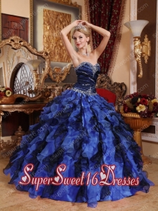 Blue and Black Ruffles Sweetheart Military Ball Dress with Beading