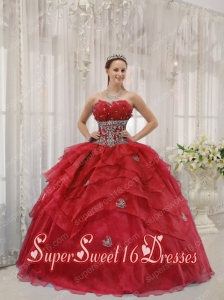 Elegant Red Ball Gown Strapless Floor-length Organza Beading New Style Sweet 16 Dresses