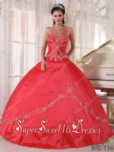 Halter Top Taffeta Appliques 15th Birthday Party Dresses in Red