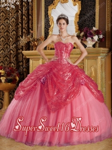 New Style In Coral Red Ball Gown Sweetheart With Sequined and Tulle Handle Flowers Sweet 16 Dresses