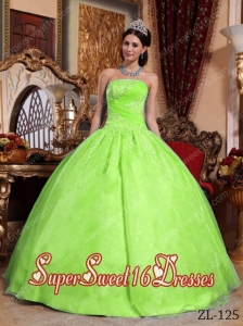 Beautiful Strapless Organza Appliques 15th Birthday Party Dresses in Yellow Green