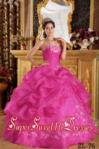 Hot Pink Ball Gown Strapless Embroidery Organza 15th Birthday Party Dresses