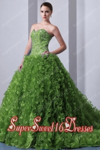 Olive Green A-Line Brush Train Modest Sweet Sixteen Dresses Sweetheart with Beading and Ruffles