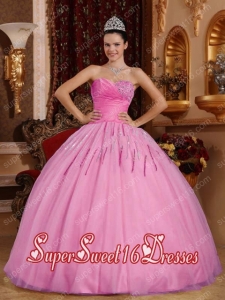 Rose Pink Ball Gown Sweetheart Modest Tulle Sweet Sixteen Dresses with Beading