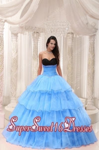 A-line Taffeta and Organza Aqua Blue and Black Sweetheart Beading and Ruffled Layers Perfect Sweet 16 Dress
