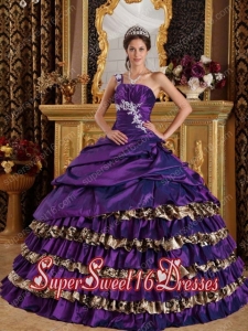 Appliques Ball Gown One Shoulder Taffeta and Leopard Pretty Quinceanera Dresses in Dark Purple