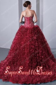 Red A-Line Sweetheart Brush Train Organza Beading and Ruffles Popular Sweet 16 Dresses