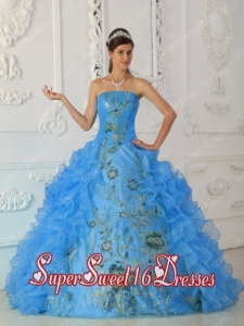 Exquisite Ball Gown Strapless Appliques Sweet Fifteen Dress in Aqua Blue with Ruffles