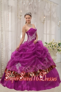Organza and Leopard Fuchsia Ball Gown Sweetheart Sweet Fifteen Dress with Appliques