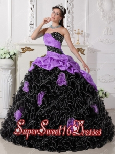 Sweetheart Ruffles Taffeta Beading and Rolling Flowers Sweet Fifteen Dress in Purple and Black