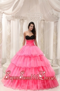 Sweetheart A-line Taffeta and Organza Ball Gown Sweet Fifteen Dress in Watermelon and Black with Ruffled Layers and Ruching