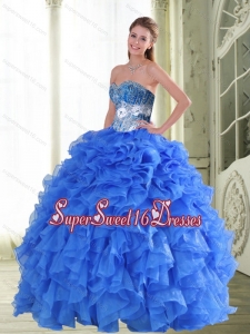 Beautiful Beading and Ruffles Sweetheart Blue 15th Birthday Party Dresses for 2015 Spring