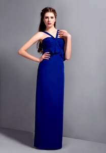 Blue Column V-neck Floor-length Chiffon Ruch Dama Dress