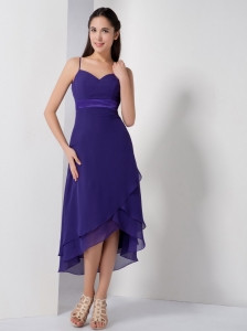 Purple Column Spaghetti Straps High-low Chiffon Dama Dresses for Sweet 16