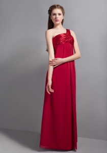 Wine Red Empire One Shoulder Ankle-length Chiffon and Taffeta Ruch Dama dresses