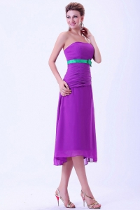 Purple Chiffon Green Belt Column Dama Dress Tea-length