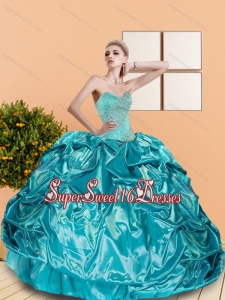 2015 Modest Sweetheart Teal Sweet Sixteen Dresses with Beading and Pick Ups
