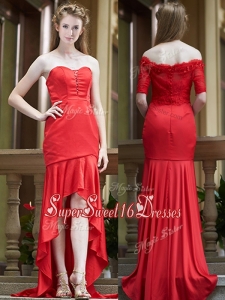 2016 Cheap Column High Low Red Dama Dress with Brush Train