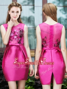 Luxurious Column Scoop Applique Hot Pink Dama Dress in Satin