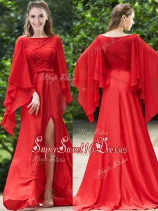 Pretty Bateau Long Sleeves Red Dama Dress with Beading and High Slit