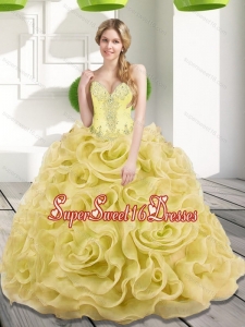2015 Elegant Beading and Rolling Flowers Gold Sweet 16 Dresses