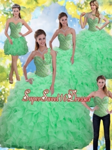 2015 Elegant Beading and Ruffles Apple Green Sweet 16 Dresses with Sweetheart