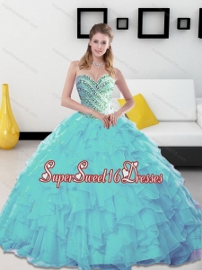 Elegant 2015 Beading and Ruffles Sweetheart Aqua Blue Sweet 16 Dresses