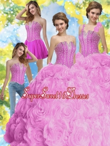 2015 New Style Beading Sweet 16 Ball Gowns in Fuchsia