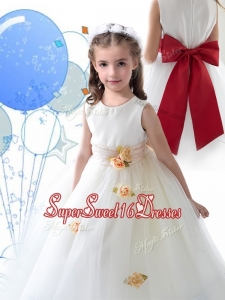Luxurious Scoop White Girls Pageant Dresses with Sashes and Hand Made Flowers