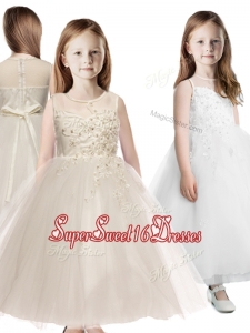 See Through Scoop Appliques Mini Quinceaner Dress in Champagne