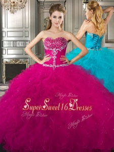 Affordable Beaded and Ruffled Fuchsia Cheap Sweet Sixteen Dress in Tulle