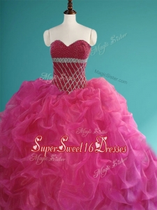 Gorgeous Beaded and Pick Ups Organza In Stock Quinceanera Dresses in Fuchsia