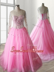 See Through Scoop Long Sleeves In Stock Quinceanera Dresses with Beading