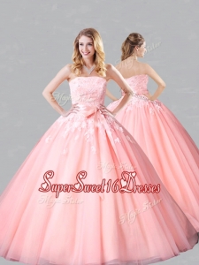 Classical Court Train Belted and Applique Perfect Sweet 16 Dress in Baby Pink