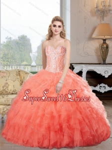 Decent Sweetheart Watermelon Sweet 16 Ball Gowns with Ruffles and Beading for Fall