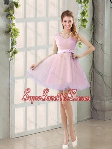 Perfect V Neck Strapless Short Quinceanera Dama Dresses with Bowknot