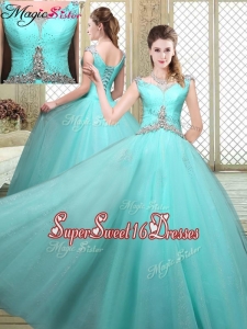 Luxurious Straps Beading Sweet Sixteen Dresses in Aqua Blue