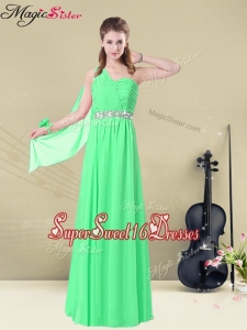The Most Popular One Shoulder Floor Length Dama Dresses with Ruching and Belt