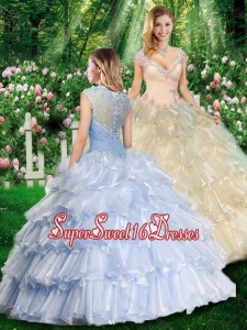 Romantic Ball Gown Champagne Quinceanera Gowns with Beading and Ruffled Layers